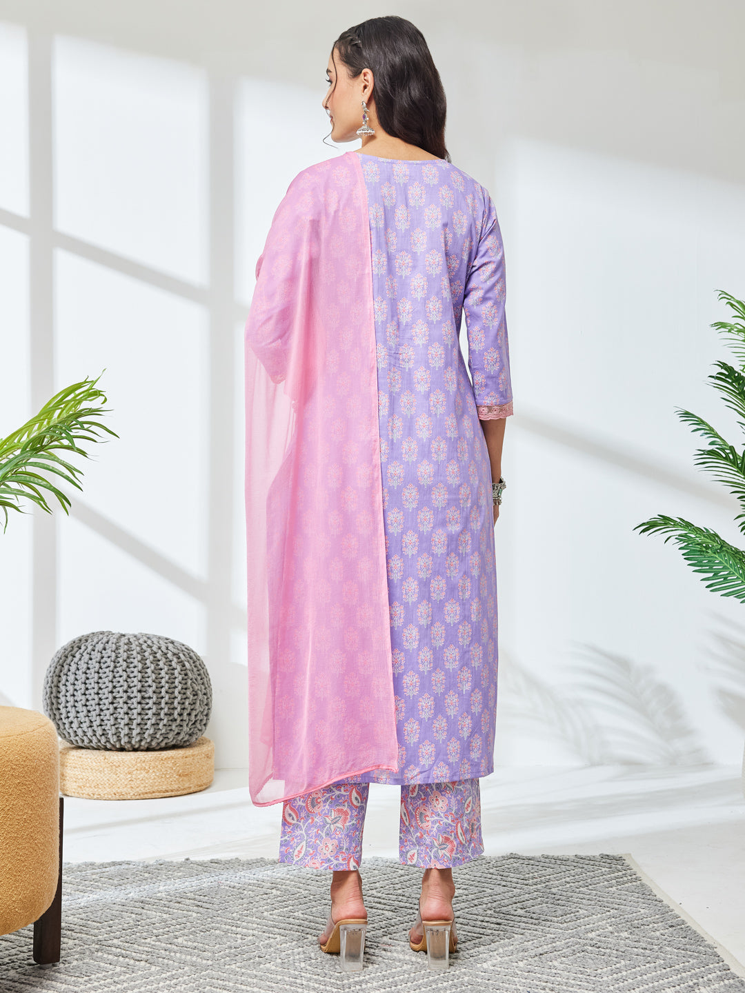 Janasya Lavender Straight Cotton Kurta,Bottom & Dupatta - Dista