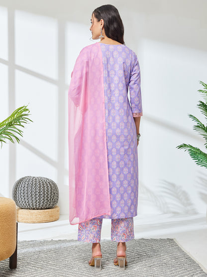 Janasya Lavender Straight Cotton Kurta,Bottom & Dupatta - Dista