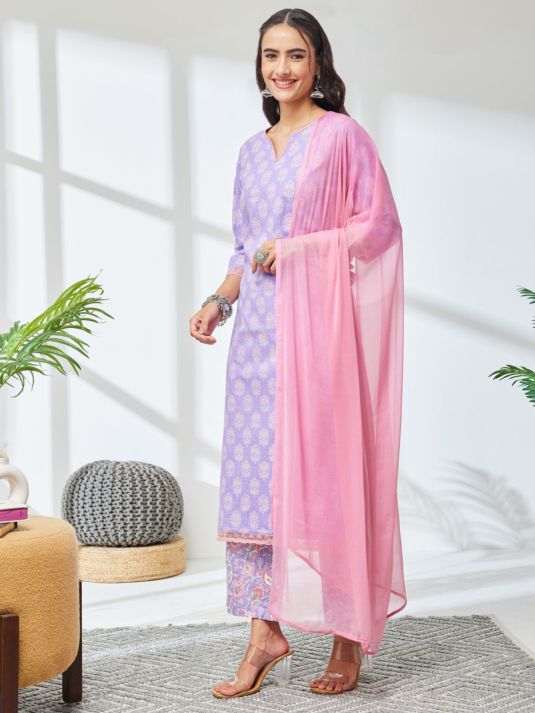 Janasya Lavender Straight Cotton Kurta,Bottom & Dupatta - Dista