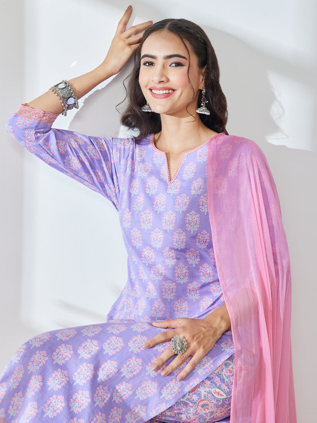 Janasya Lavender Straight Cotton Kurta,Bottom & Dupatta - Dista