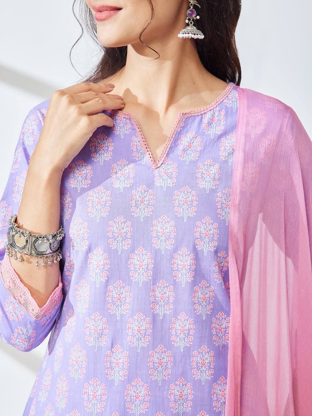 Janasya Lavender Straight Cotton Kurta,Bottom & Dupatta - Dista