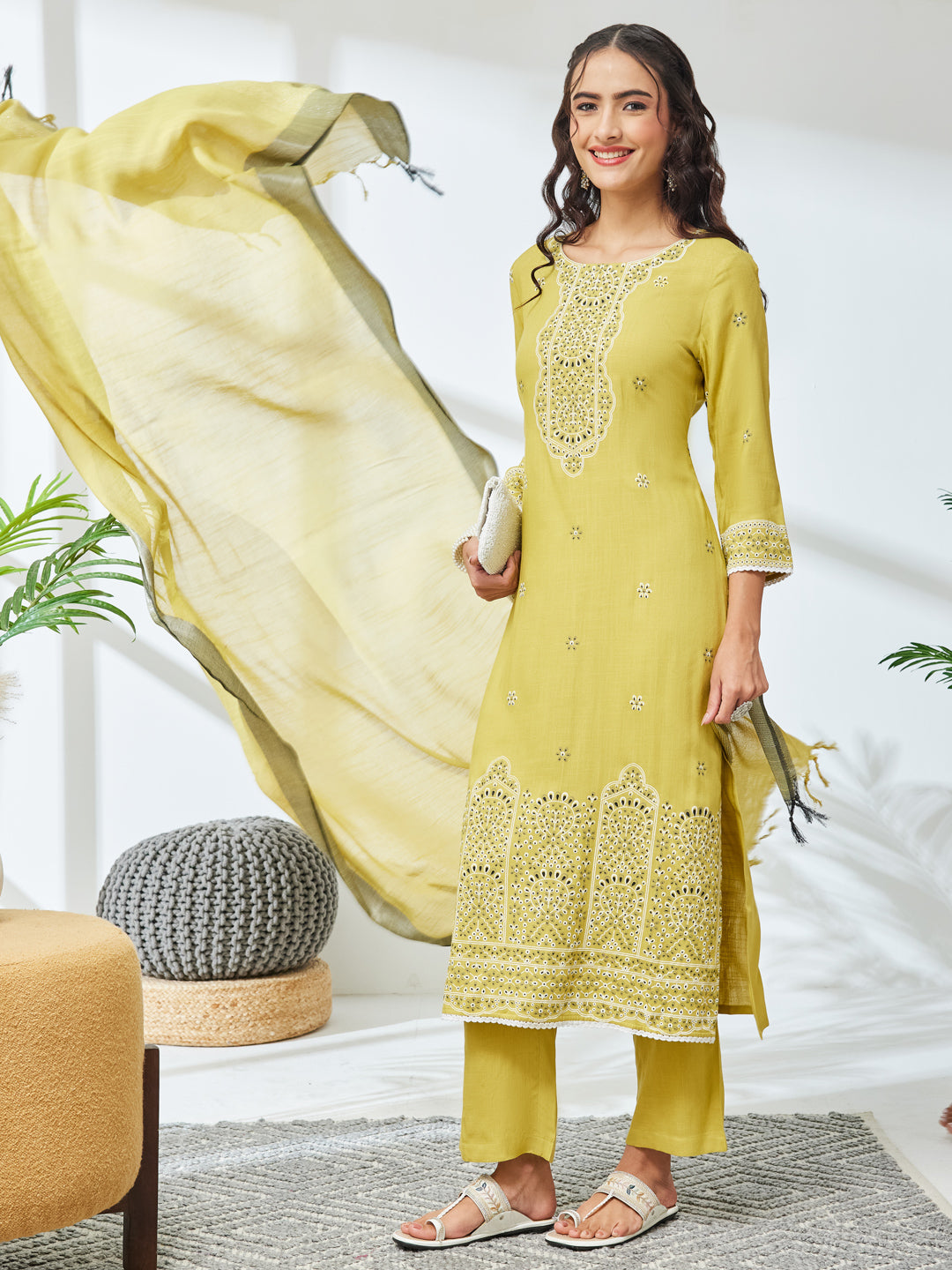 Janasya Olive Straight Rayon Kurta,Bottom & Dupatta - Dista