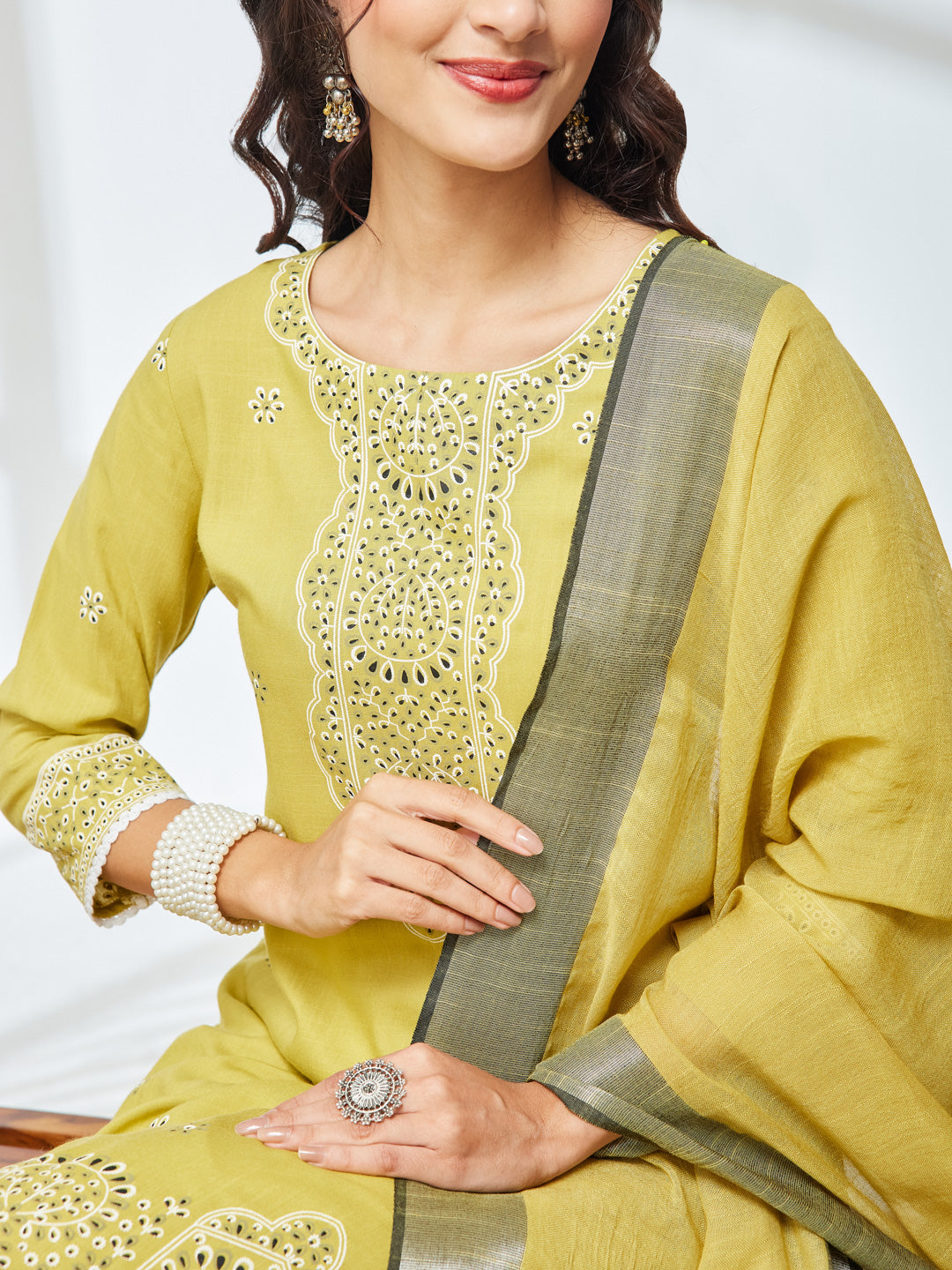 Janasya Olive Straight Rayon Kurta,Bottom & Dupatta - Dista