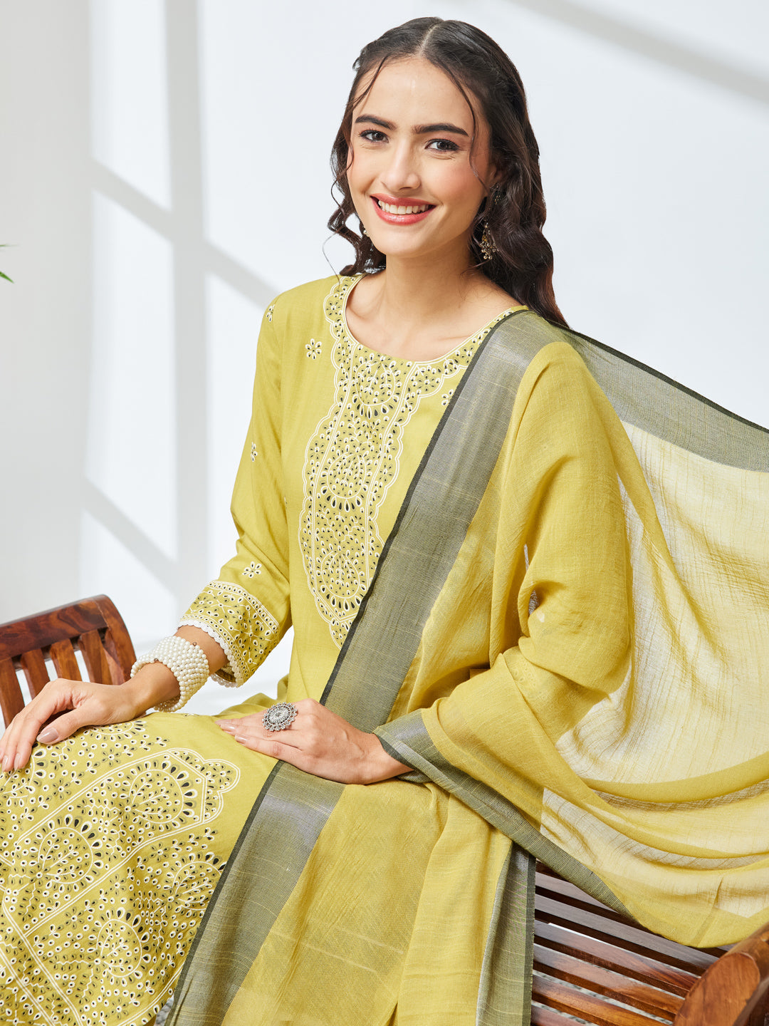 Janasya Olive Straight Rayon Kurta,Bottom & Dupatta - Dista