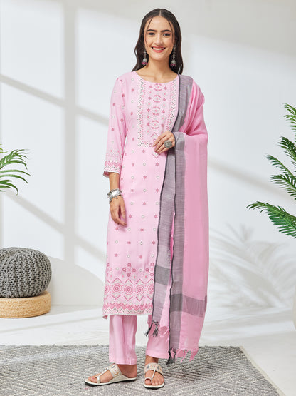 Janasya Pink Straight Rayon Kurta,Bottom & Dupatta - Dista
