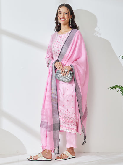 Janasya Pink Straight Rayon Kurta,Bottom & Dupatta - Dista
