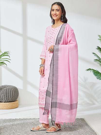 Janasya Pink Straight Rayon Kurta,Bottom & Dupatta - Dista