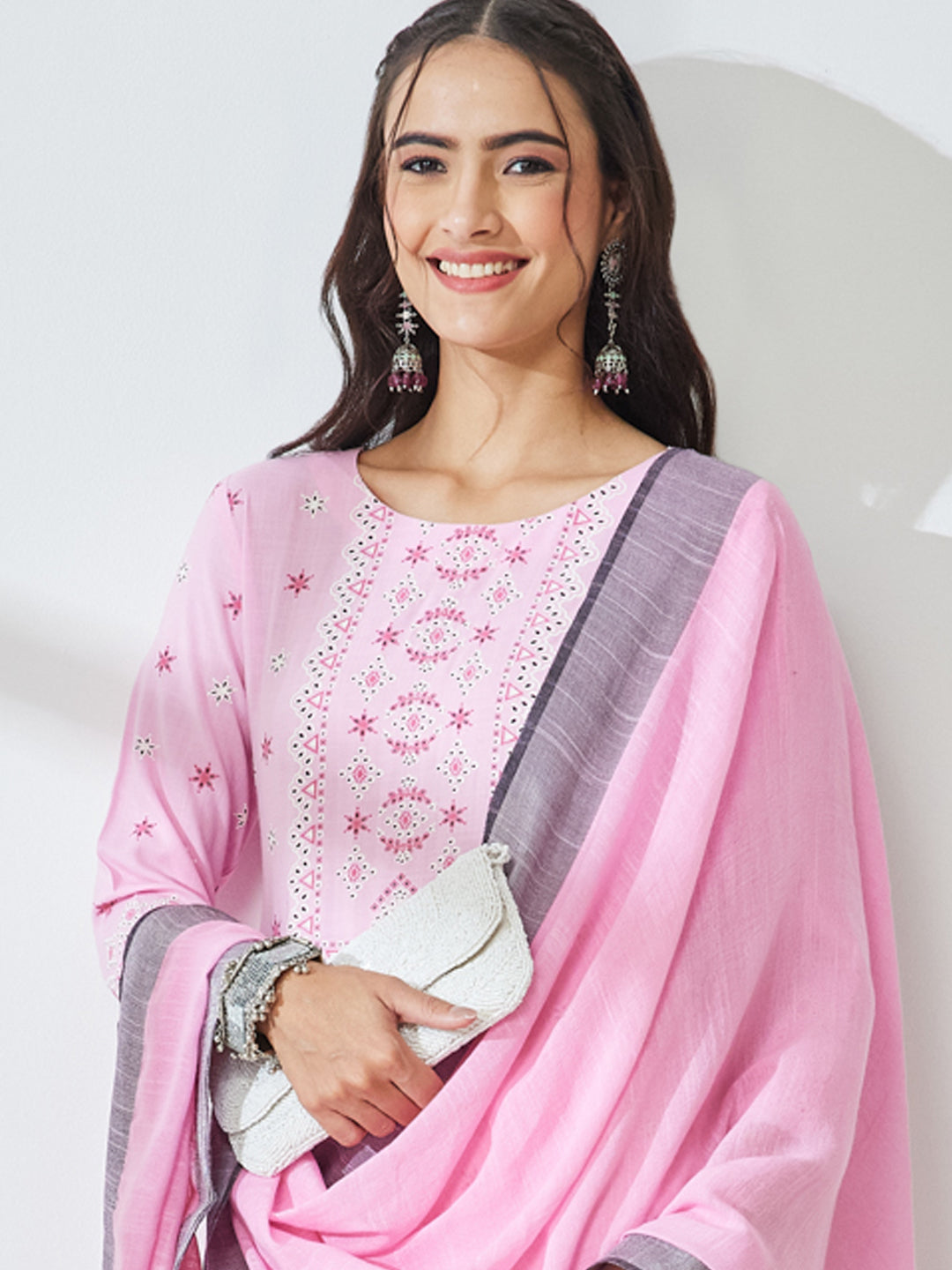 Janasya Pink Straight Rayon Kurta,Bottom & Dupatta - Dista