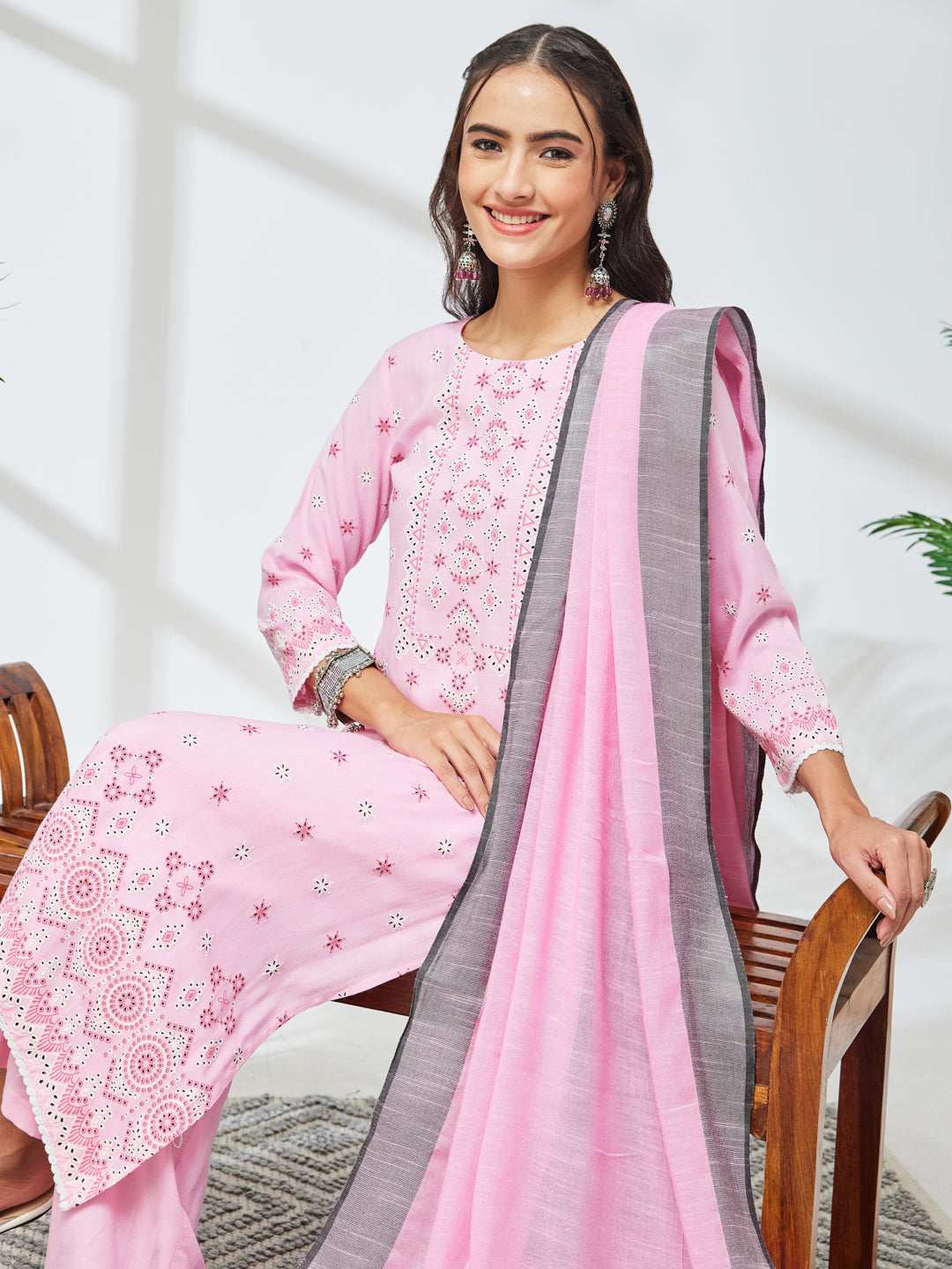 Janasya Pink Straight Rayon Kurta,Bottom & Dupatta - Dista