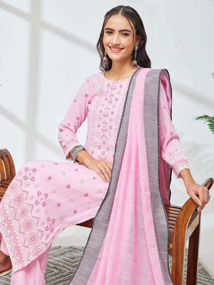 Janasya Pink Straight Rayon Kurta,Bottom & Dupatta - Dista