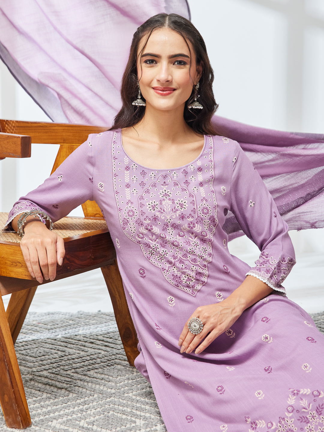 Janasya Lavender Straight Rayon Kurta,Bottom & Dupatta - Dista
