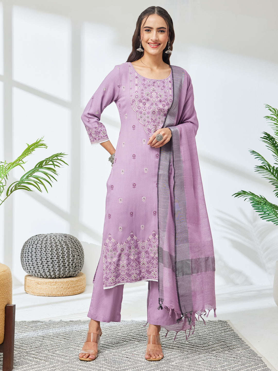 Janasya Lavender Straight Rayon Kurta,Bottom & Dupatta - Dista