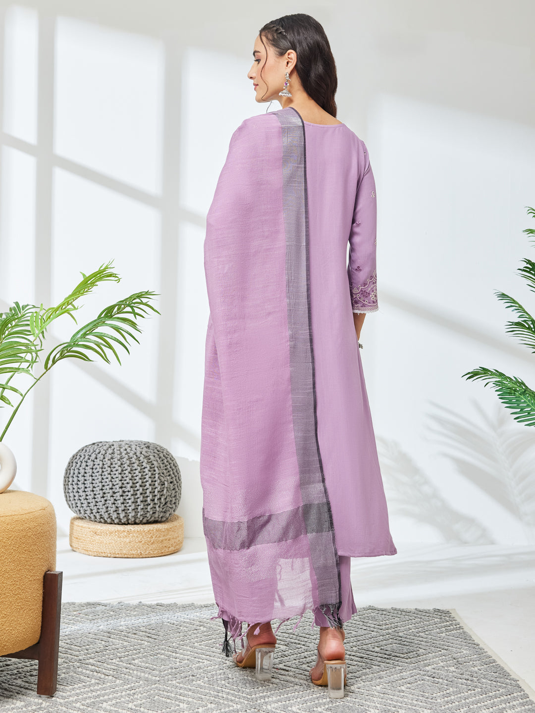 Janasya Lavender Straight Rayon Kurta,Bottom & Dupatta - Dista