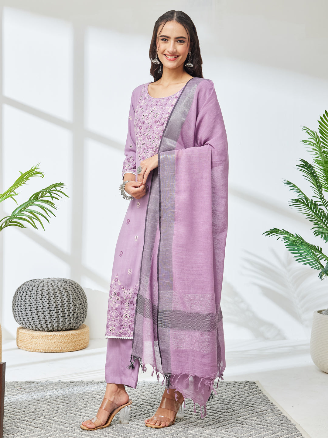 Janasya Lavender Straight Rayon Kurta,Bottom & Dupatta - Dista