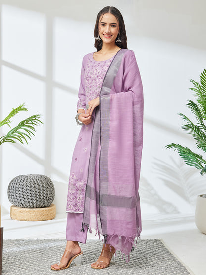 Janasya Lavender Straight Rayon Kurta,Bottom & Dupatta - Dista