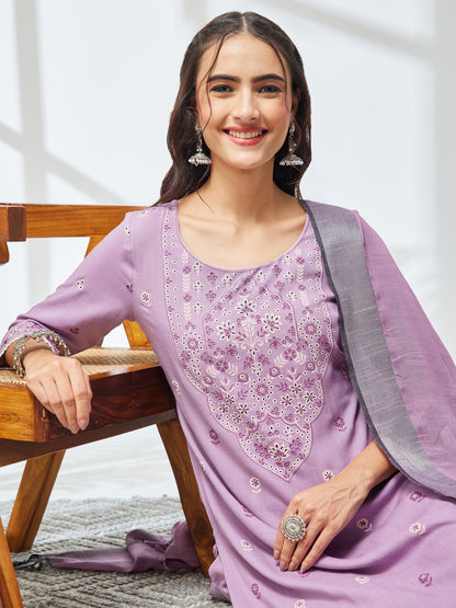 Janasya Lavender Straight Rayon Kurta,Bottom & Dupatta - Dista