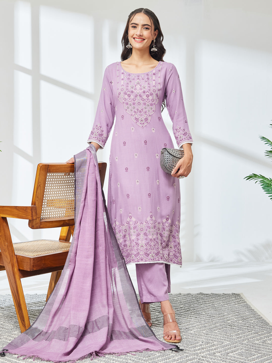 Janasya Lavender Straight Rayon Kurta,Bottom & Dupatta - Dista