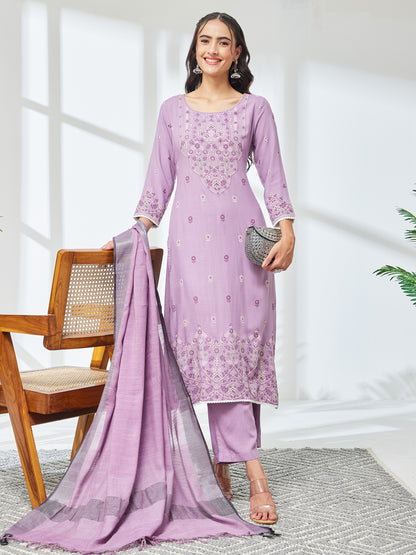 Janasya Lavender Straight Rayon Kurta,Bottom & Dupatta - Dista