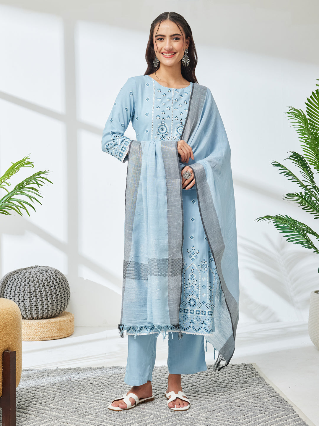 Janasya Sky Blue Straight Rayon Kurta,Bottom & Dupatta - Dista