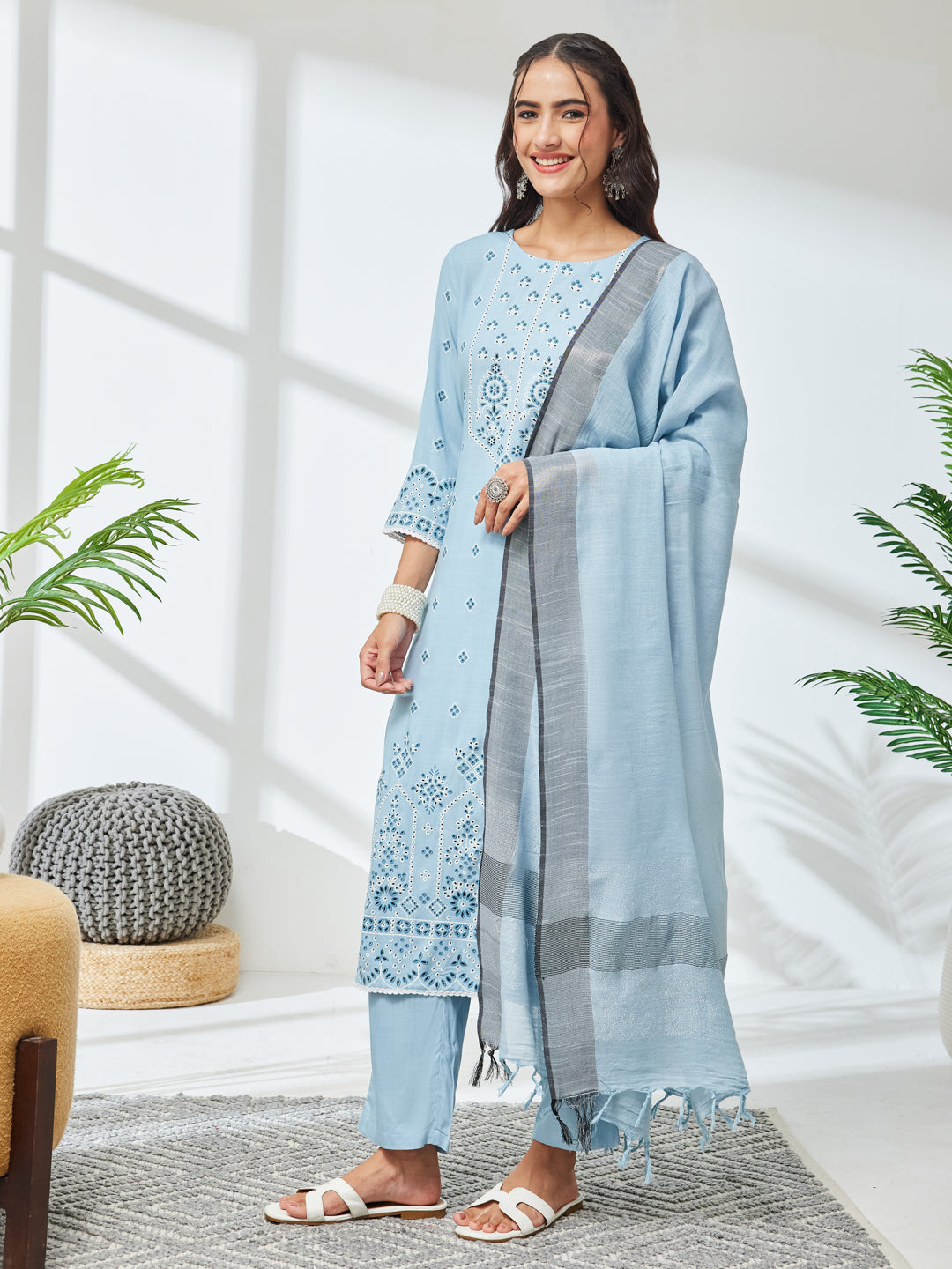 Janasya Sky Blue Straight Rayon Kurta,Bottom & Dupatta - Dista