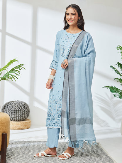 Janasya Sky Blue Straight Rayon Kurta,Bottom & Dupatta - Dista