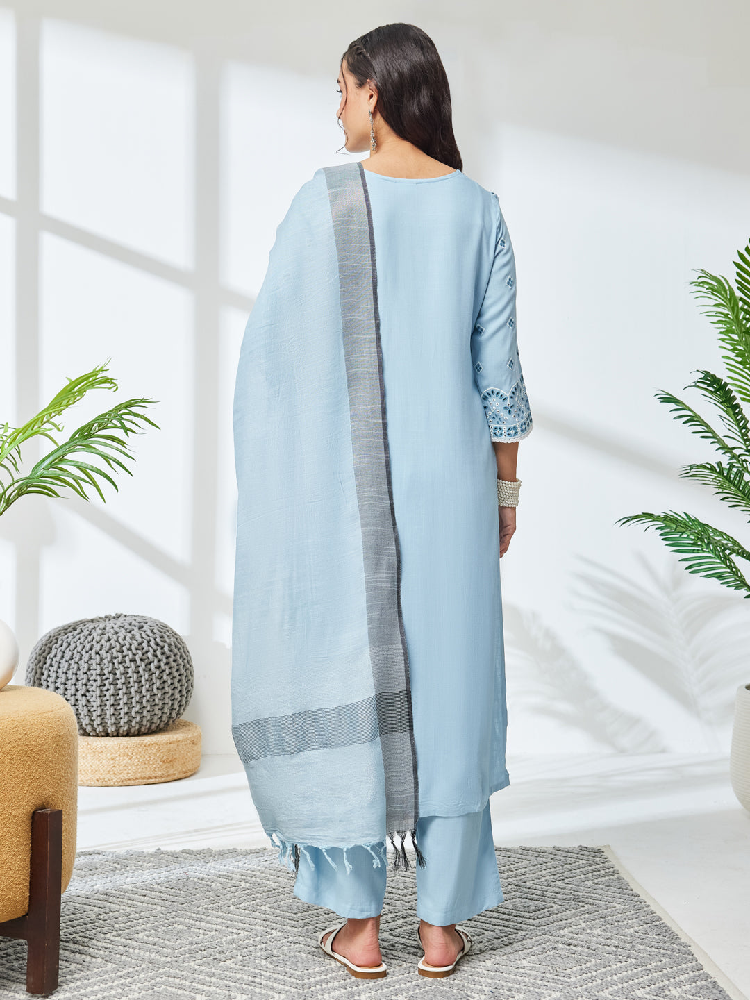 Janasya Sky Blue Straight Rayon Kurta,Bottom & Dupatta - Dista