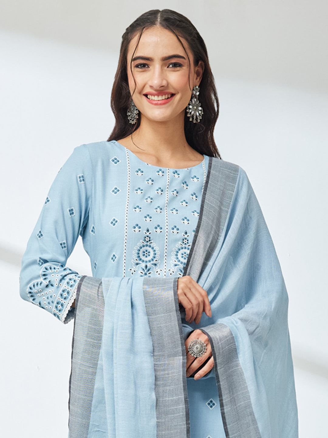 Janasya Sky Blue Straight Rayon Kurta,Bottom & Dupatta - Dista