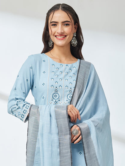 Janasya Sky Blue Straight Rayon Kurta,Bottom & Dupatta - Dista