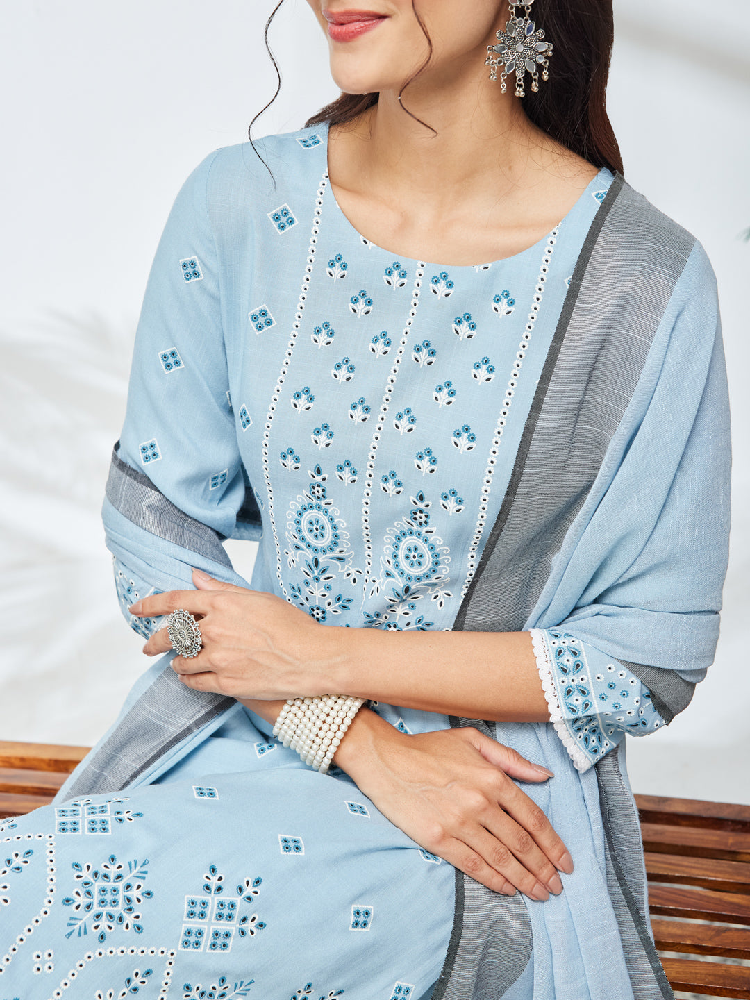 Janasya Sky Blue Straight Rayon Kurta,Bottom & Dupatta - Dista