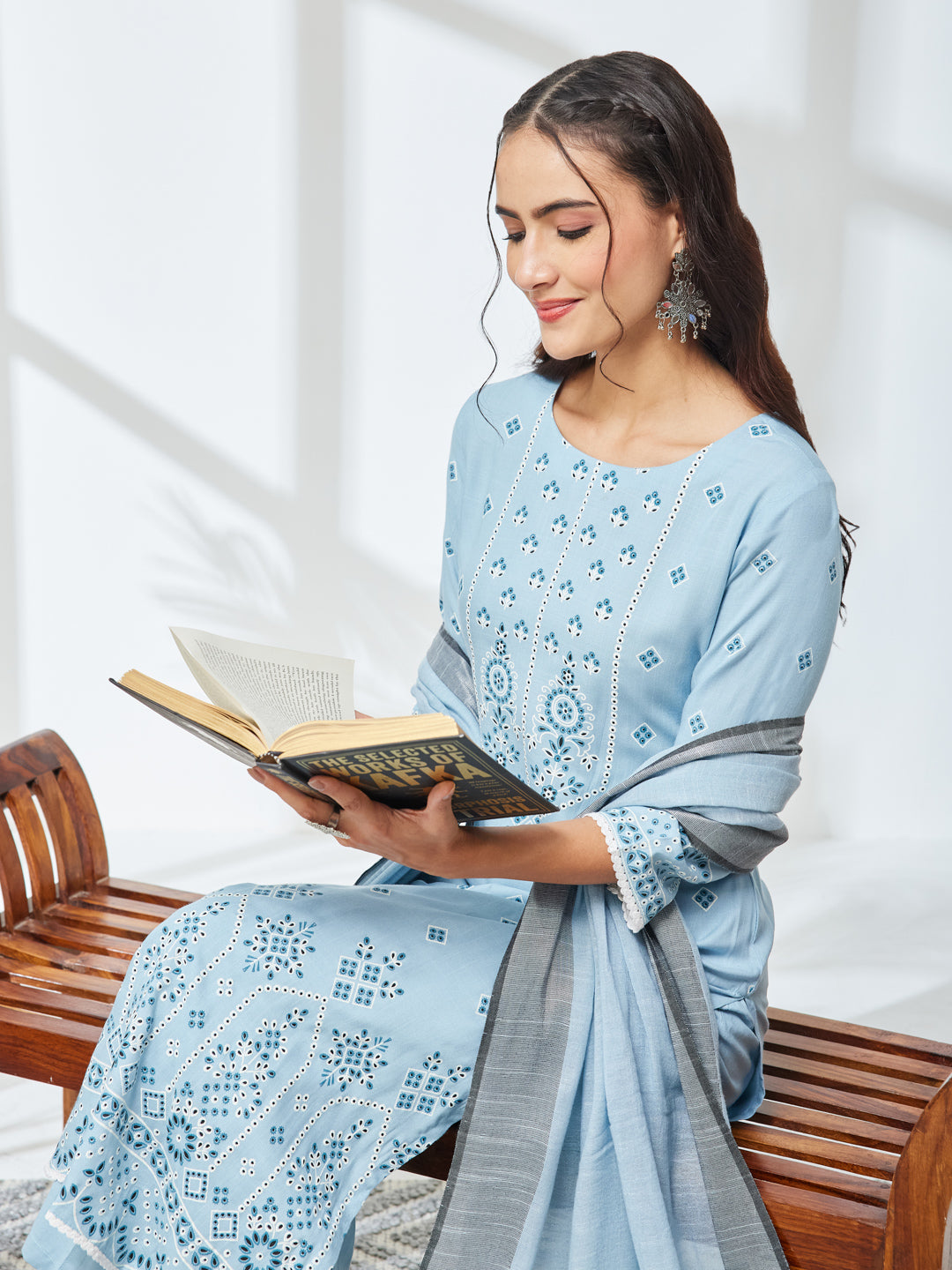 Janasya Sky Blue Straight Rayon Kurta,Bottom & Dupatta - Dista