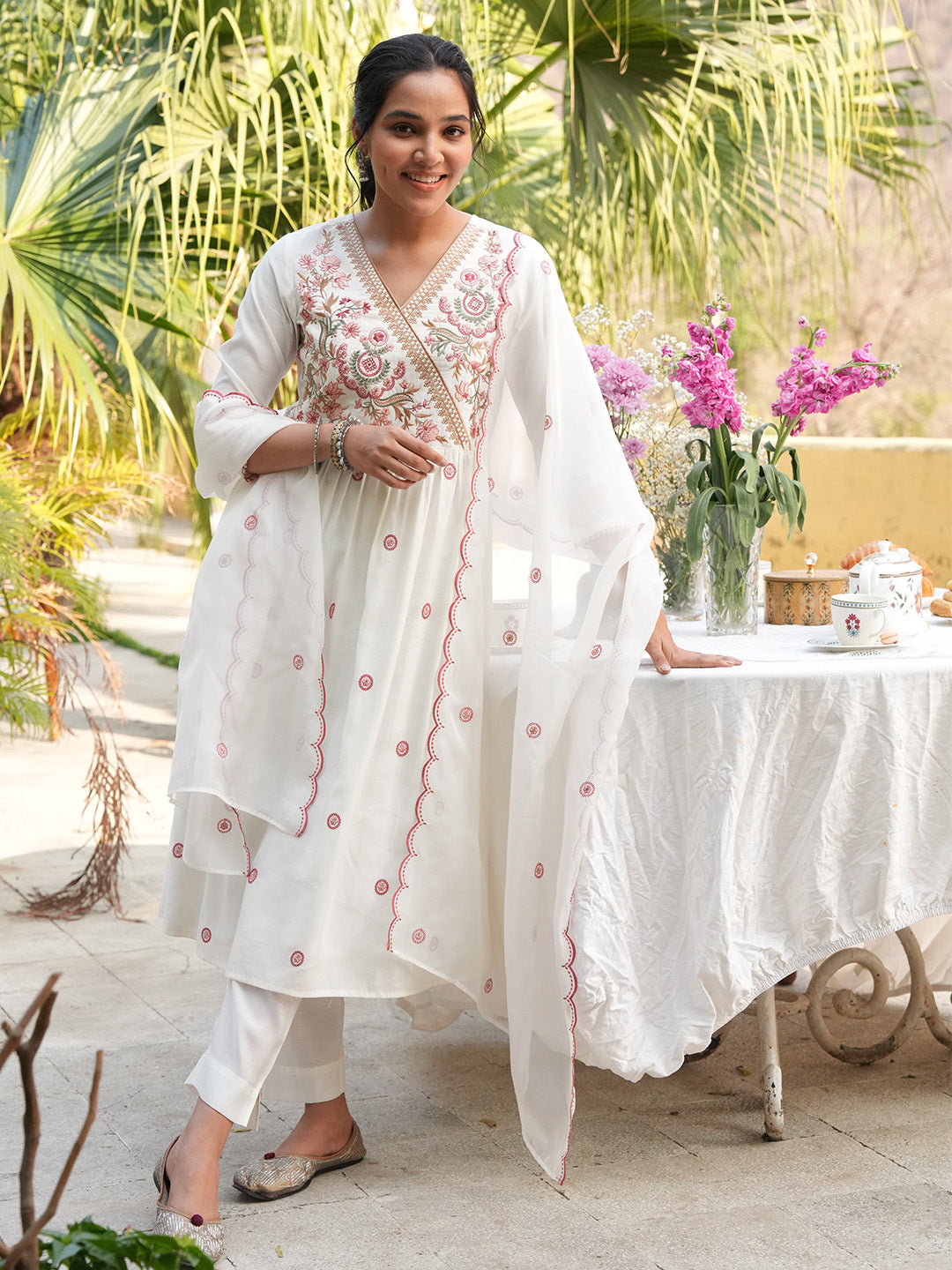 Janasya Off White A-Line Chanderi Kurta,Bottom & Dupatta - Dista