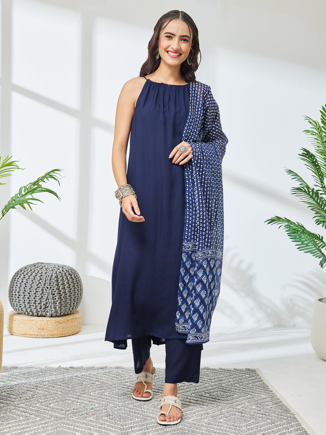 Janasya Navy Blue A-Line Rayon Kurta,Bottom & Dupatta - Dista
