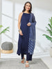 Janasya Navy Blue A-Line Rayon Kurta,Bottom & Dupatta - Dista