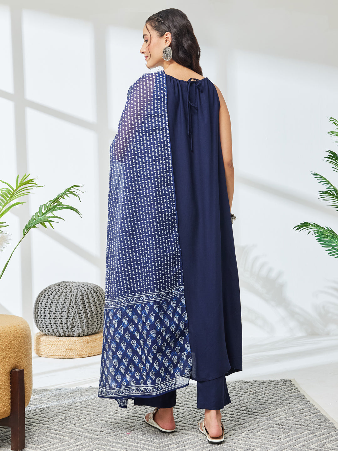 Janasya Navy Blue A-Line Rayon Kurta,Bottom & Dupatta - Dista