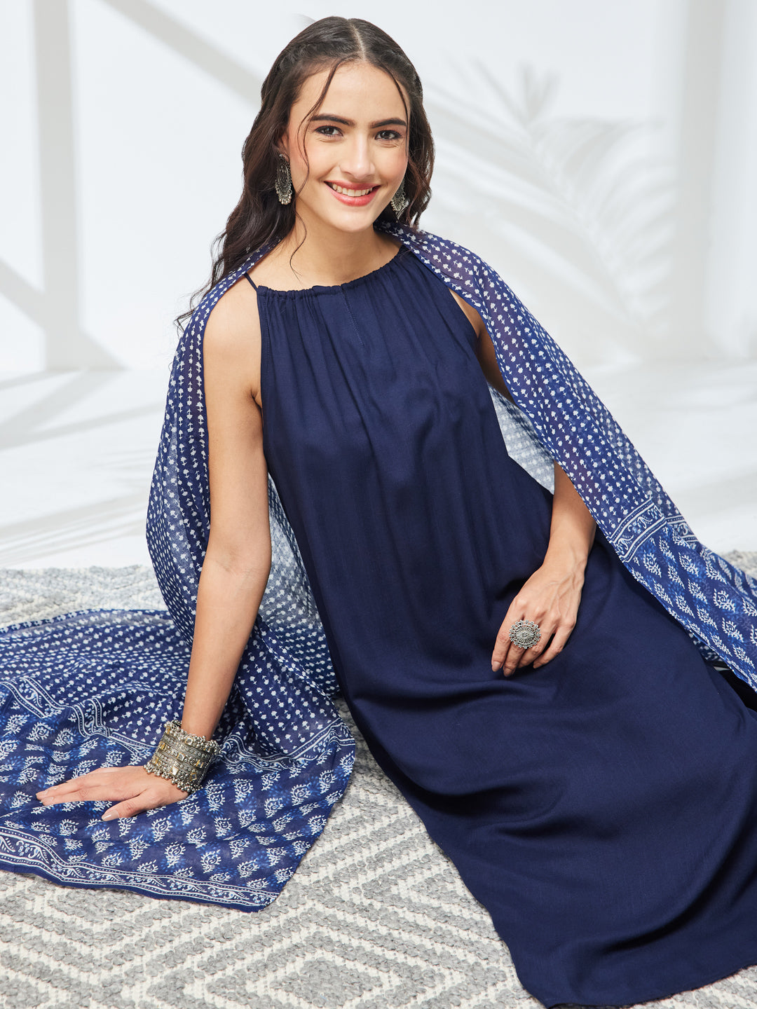 Janasya Navy Blue A-Line Rayon Kurta,Bottom & Dupatta - Dista