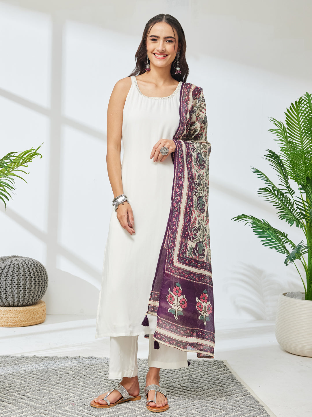 Janasya Off White Straight Rayon Kurta,Bottom & Dupatta - Dista