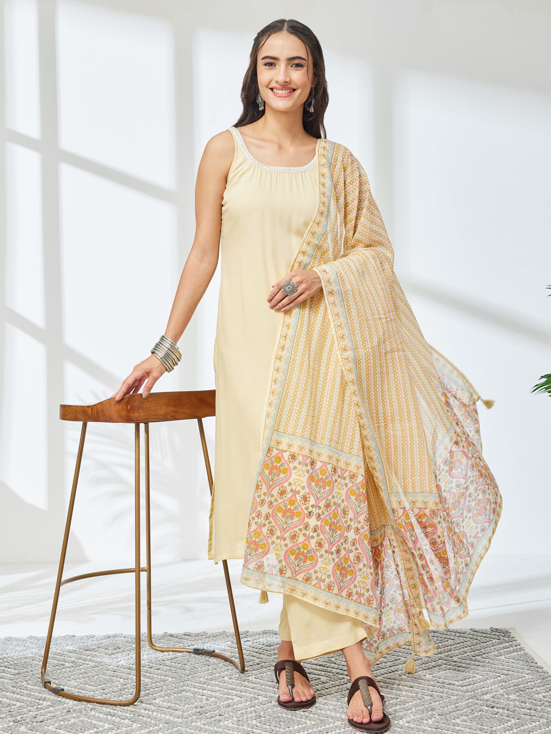 Janasya Cream Straight Rayon Kurta,Bottom & Dupatta - Dista