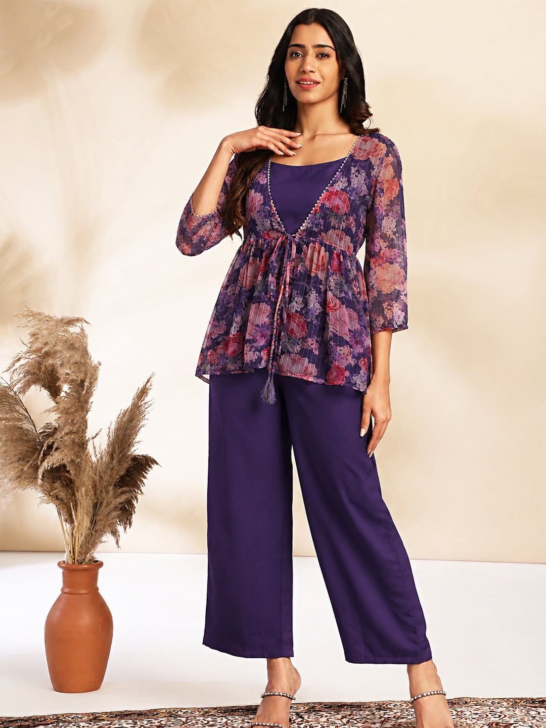 Janasya Purple Crop Crepe Top,Bottom & Jacket - Dista