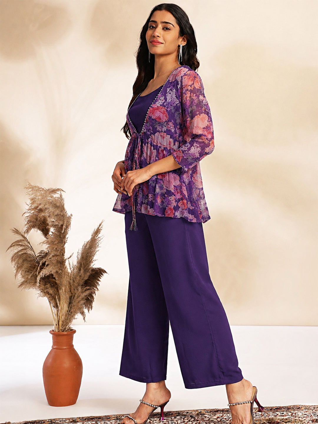 Janasya Purple Crop Crepe Top,Bottom & Jacket - Dista