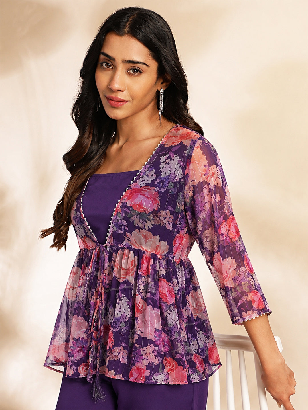 Janasya Purple Crop Crepe Top,Bottom & Jacket - Dista