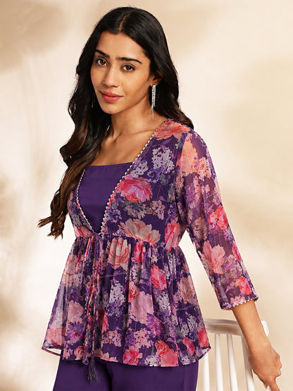 Janasya Purple Crop Crepe Top,Bottom & Jacket - Dista