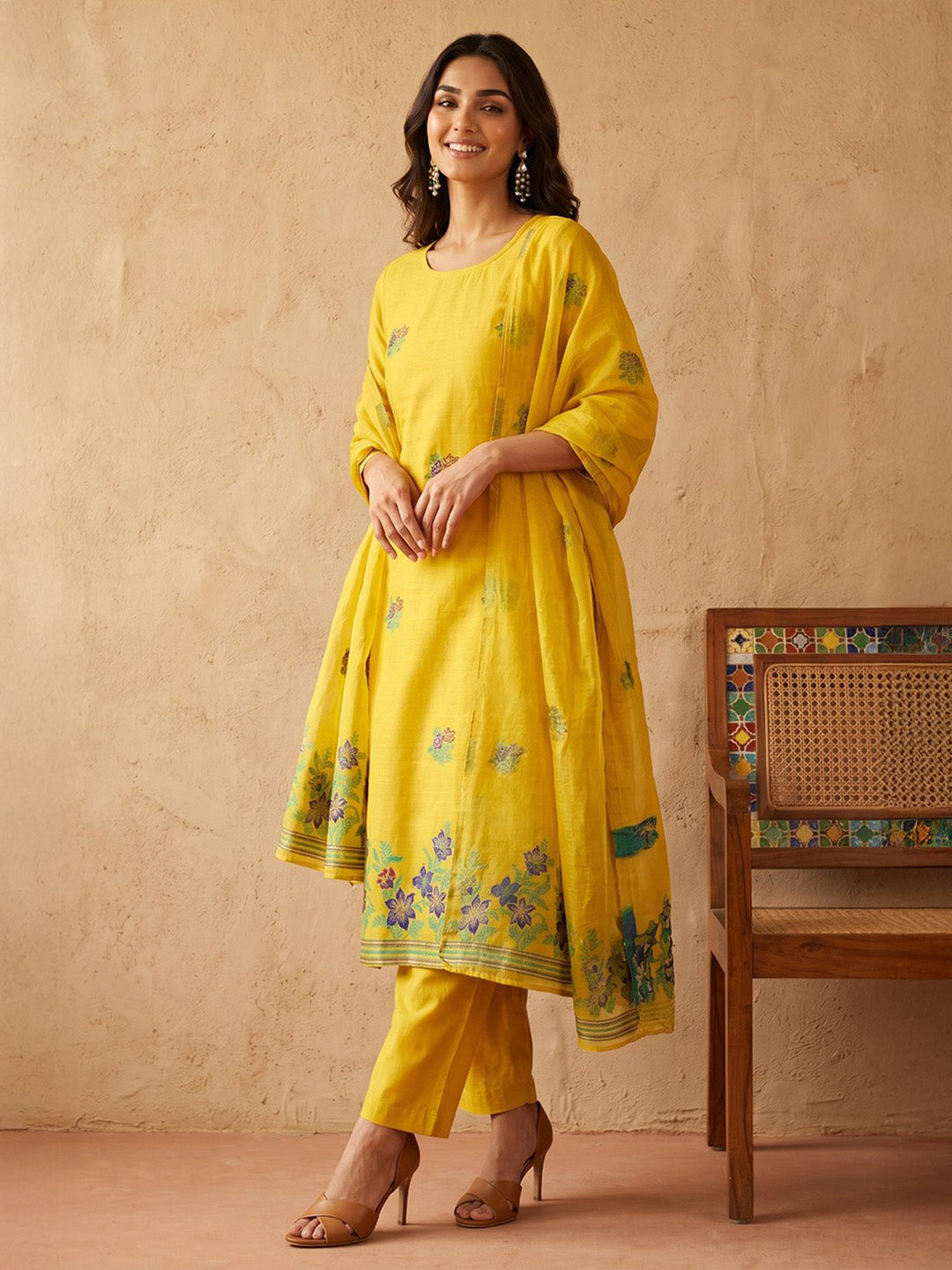 Janasya Yellow Straight Chanderi Cotton Kurta,Bottom & Dupatta - Dista