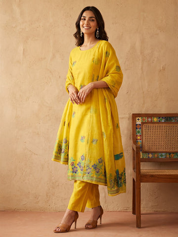 Janasya Yellow Straight Chanderi Cotton Kurta,Bottom & Dupatta - Dista
