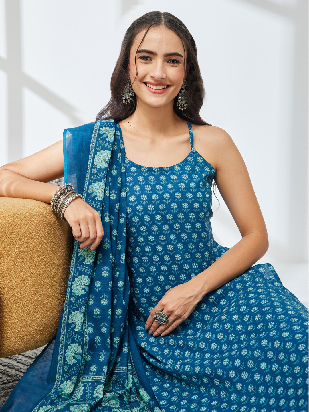 Janasya Teal Straight Cotton Kurta,Bottom & Dupatta - Dista