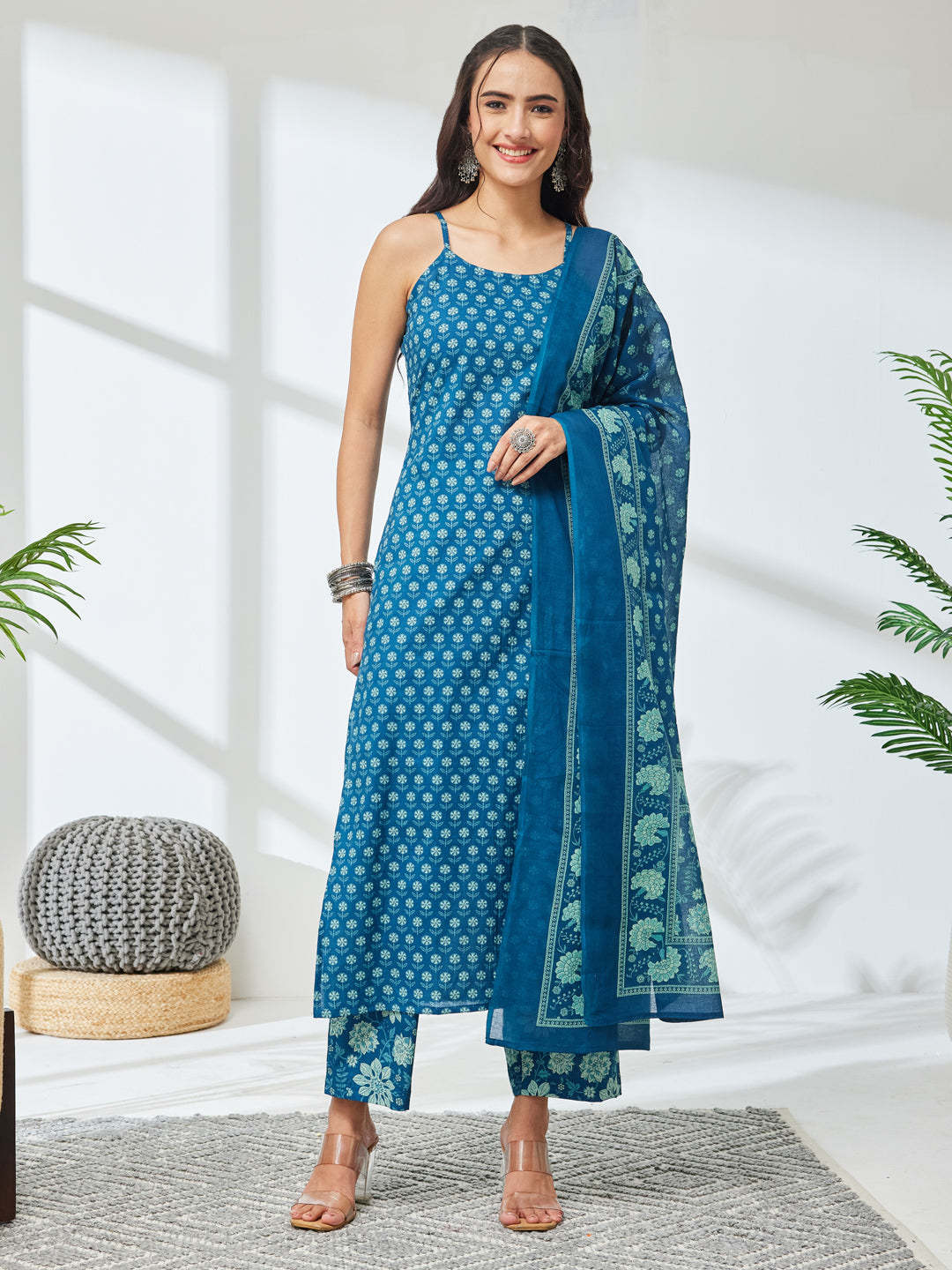 Janasya Teal Straight Cotton Kurta,Bottom & Dupatta - Dista