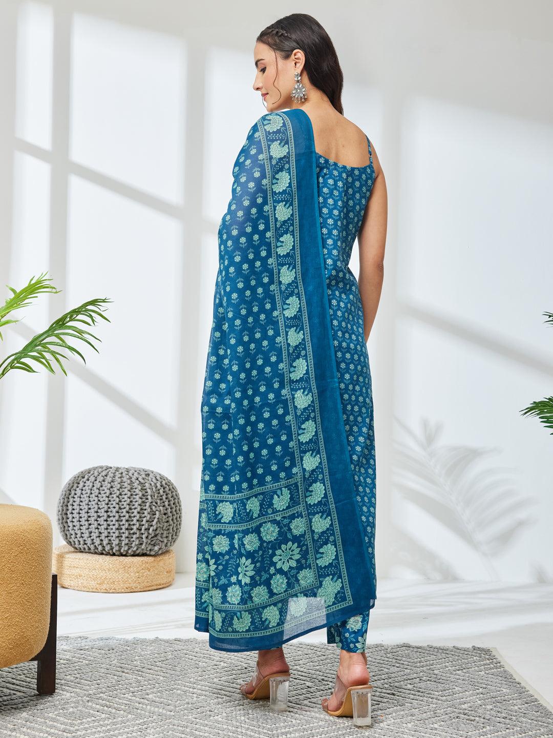 Janasya Teal Straight Cotton Kurta,Bottom & Dupatta - Dista