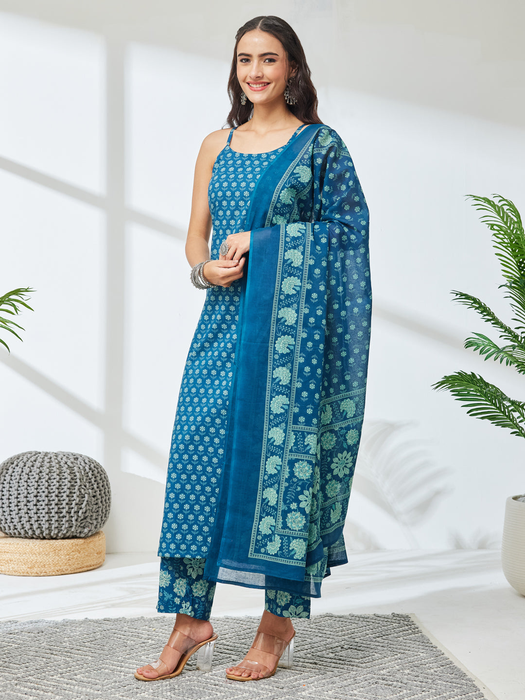 Janasya Teal Straight Cotton Kurta,Bottom & Dupatta - Dista