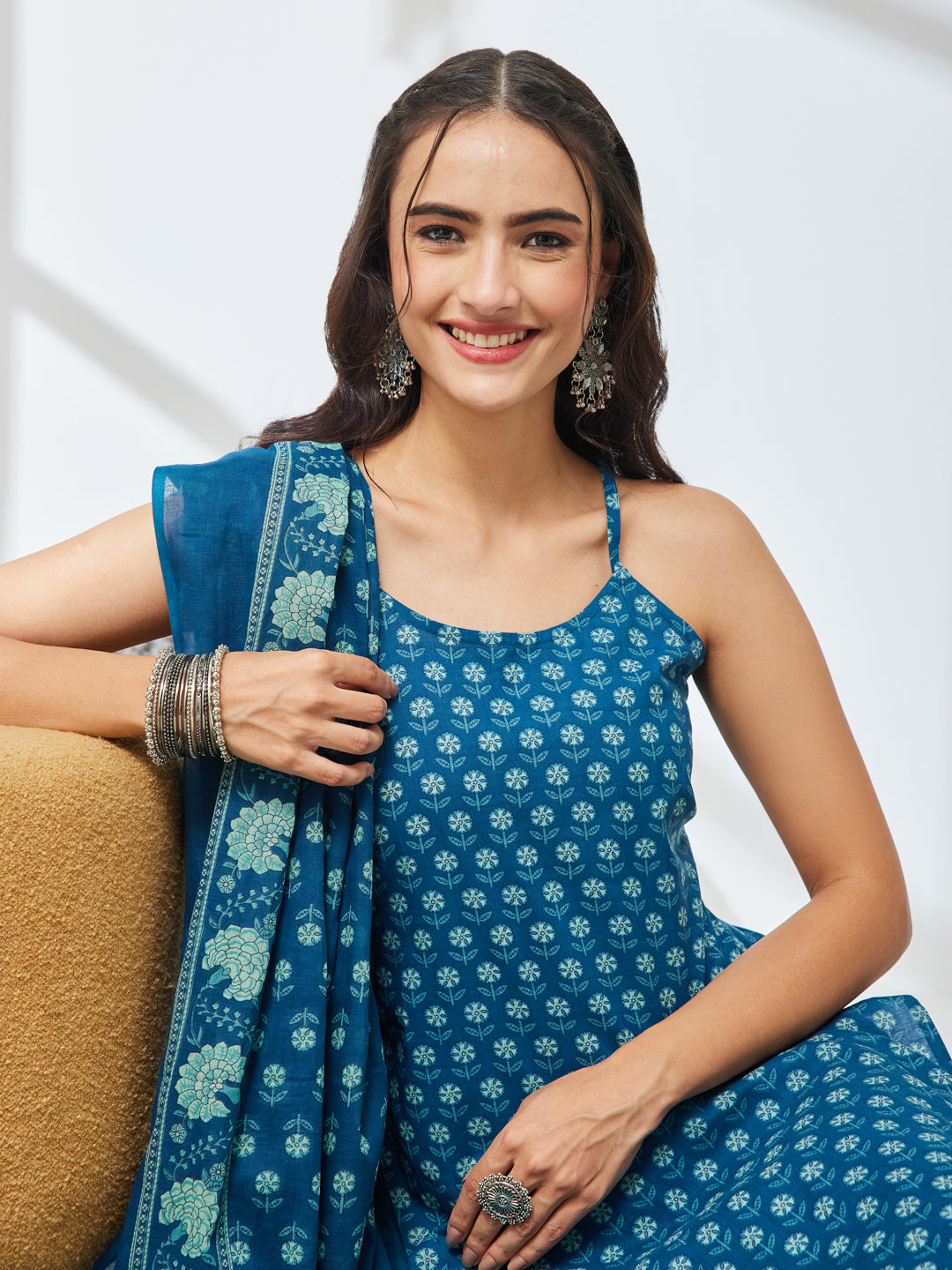 Janasya Teal Straight Cotton Kurta,Bottom & Dupatta - Dista