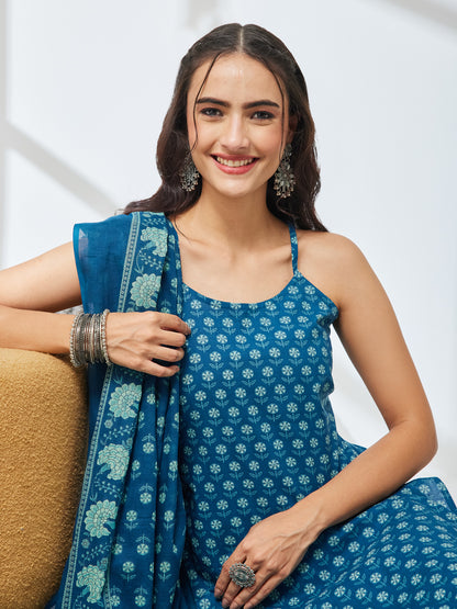Janasya Teal Straight Cotton Kurta,Bottom & Dupatta - Dista