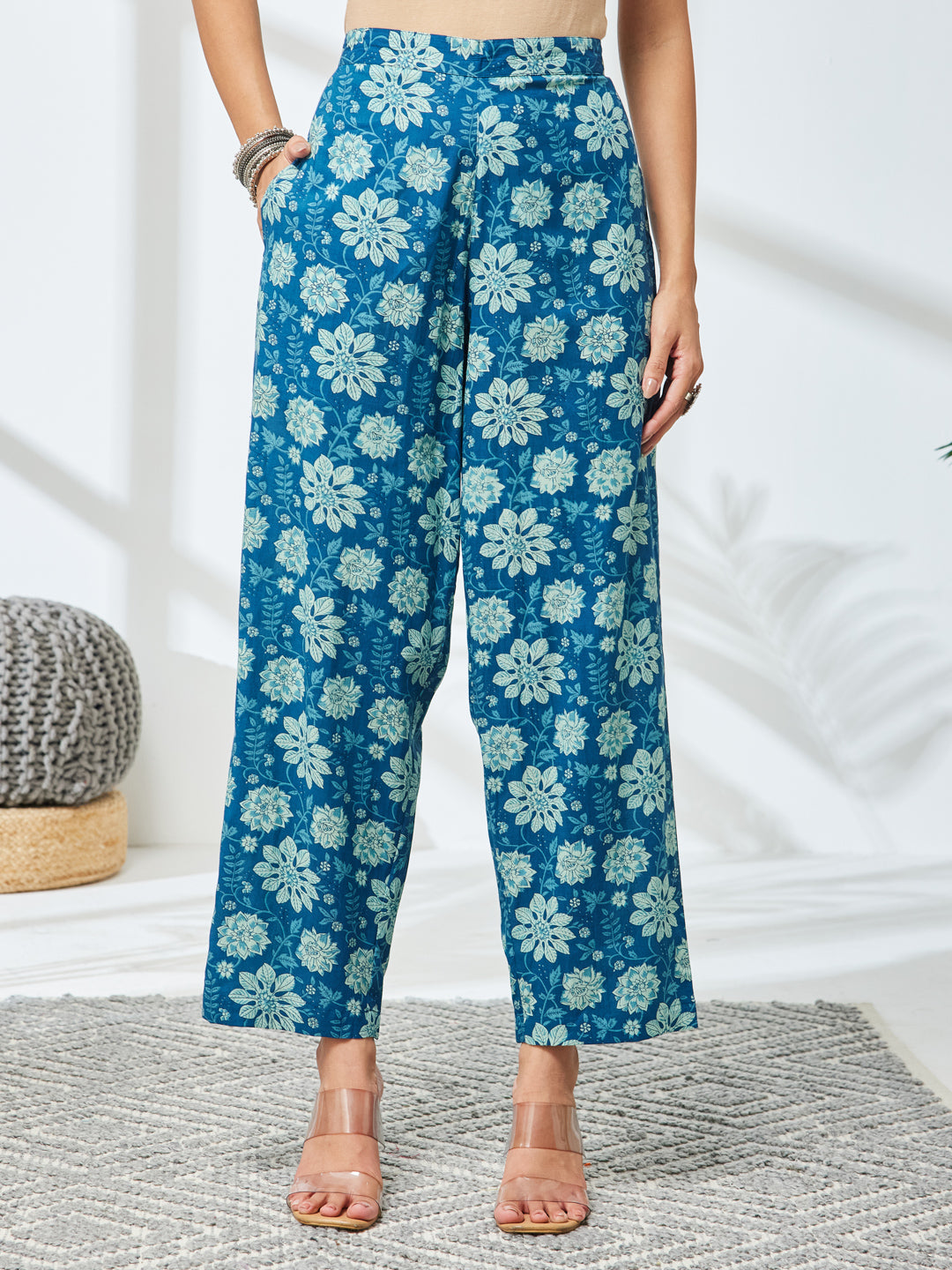 Janasya Teal Straight Cotton Kurta,Bottom & Dupatta - Dista